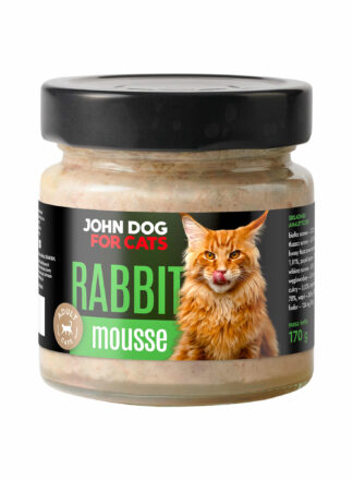 Słoik karmy dla kotów John Dog 'Rabbit Mousse' w formie musu z królika, przeznaczony dla dorosłych kotów, o pojemności 170 g.
