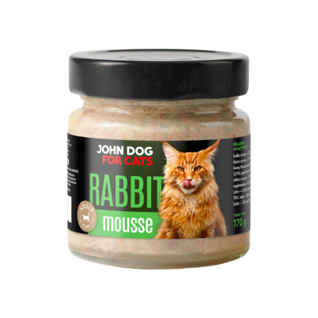 Słoik karmy dla kotów John Dog 'Rabbit Mousse' w formie musu z królika, przeznaczony dla dorosłych kotów, o pojemności 170 g.