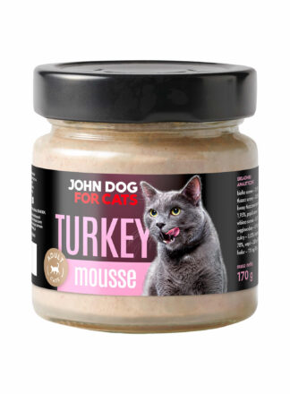 Słoik karmy dla kotów John Dog 'Turkey Mousse' w formie musu z indyka, przeznaczony dla dorosłych kotów, o pojemności 170 g.