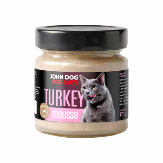 Słoik karmy dla kotów John Dog 'Turkey Mousse' w formie musu z indyka, przeznaczony dla dorosłych kotów, o pojemności 170 g.