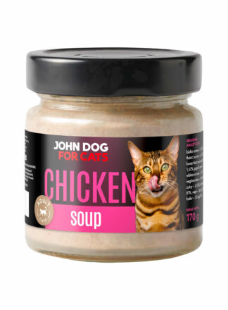 Słoik karmy dla kotów John Dog 'Chicken Soup' w formie zupy z kurczaka, przeznaczony dla dorosłych kotów, o pojemności 170 g.
