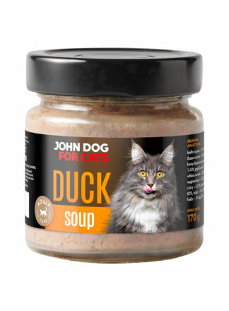 Słoik karmy dla kotów John Dog 'Duck Soup' w formie zupy z kaczki, przeznaczony dla dorosłych kotów, o pojemności 170 g.