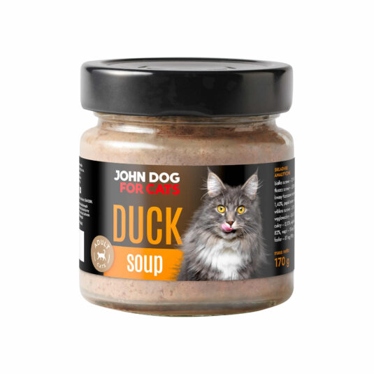 Słoik karmy dla kotów John Dog 'Duck Soup' w formie zupy z kaczki, przeznaczony dla dorosłych kotów, o pojemności 170 g.
