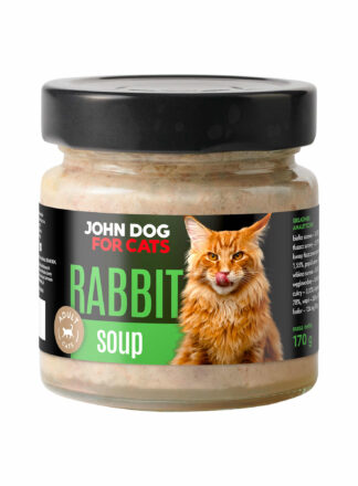 Słoik karmy dla kotów John Dog 'Rabbit Soup' w formie zupy z królika, przeznaczony dla dorosłych kotów, o pojemności 170 g.