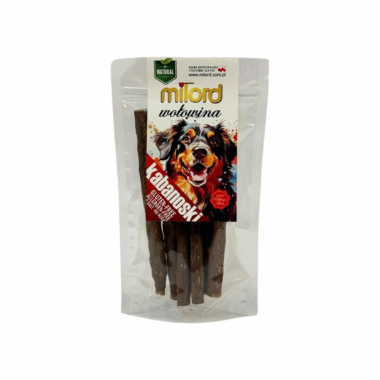 Naturalny przysmak dla psa, zawierający wołowinę jako główny składnik. Produkt bezglutenowy, przeznaczony dla psów wszystkich ras. Pakowany w przezroczystą folię z kolorowym wizerunkiem psa na etykiecie.