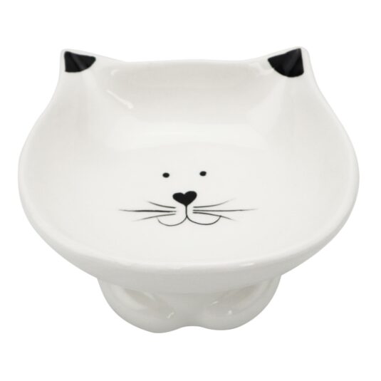 Płaska miska na karmę z kocim wzorem. Wykonana z ceramiki. Biały kolor i czarne uszy.