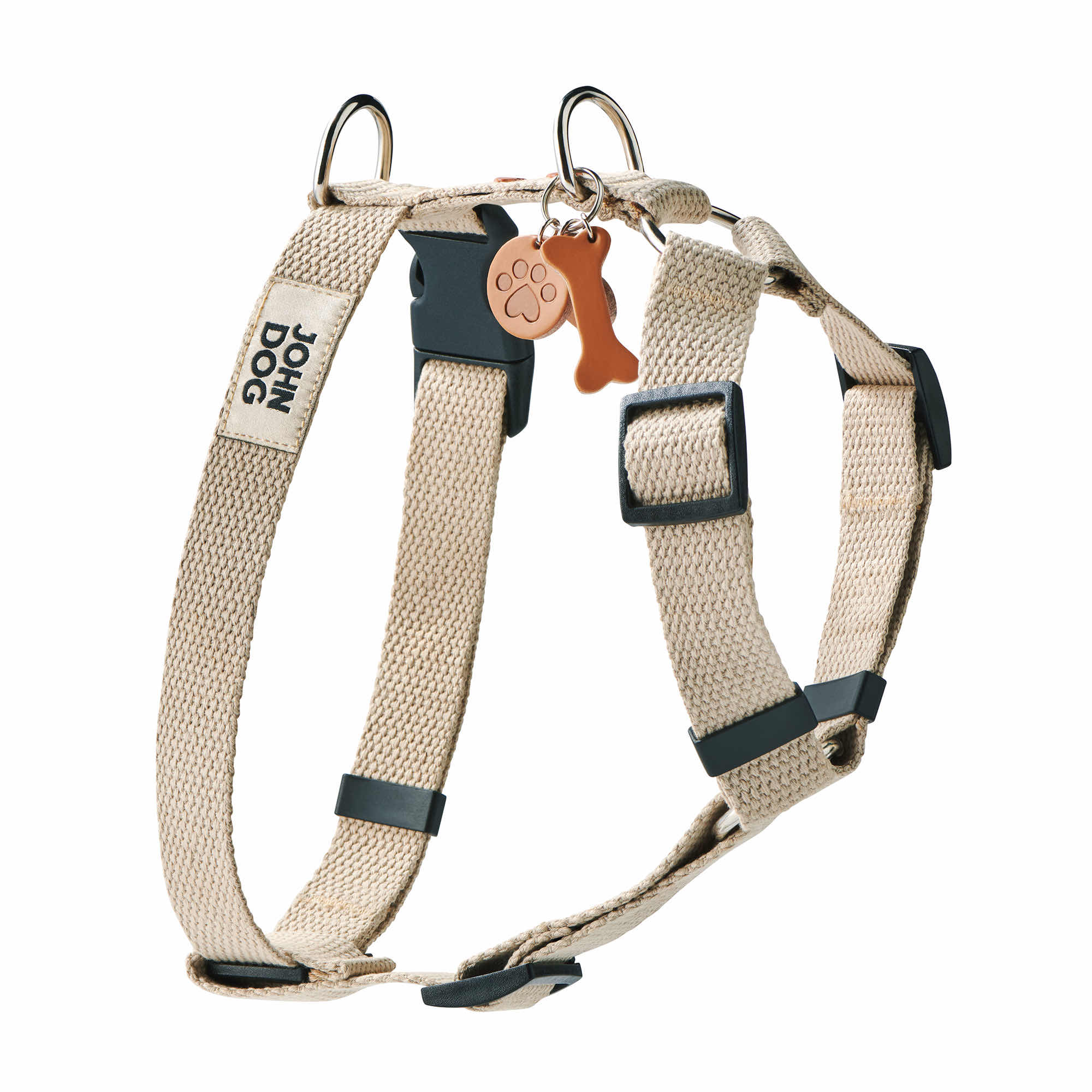 Beżowe szelki guard ze skórzanym brelokiem z kosteczką, psią łapą i sercem oraz nitami w kształcie serc w kolorze brązowym. Produkt z kolekcji MANIFEST marki John Dog.