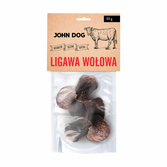 Naturalna przekąska dla psa, ligawa wołowa marki John Dog w opakowaniu z wyżłem waimarskim. Gryzak w 100% naturalny.