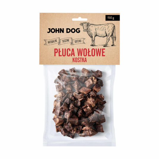 Płuca wołowe w formie kosteczek, idealne jako treserki i przysmaki treningowe. W 100% naturalny gryzak marki John Dog. Gryzak bez konserwantów i barwników.