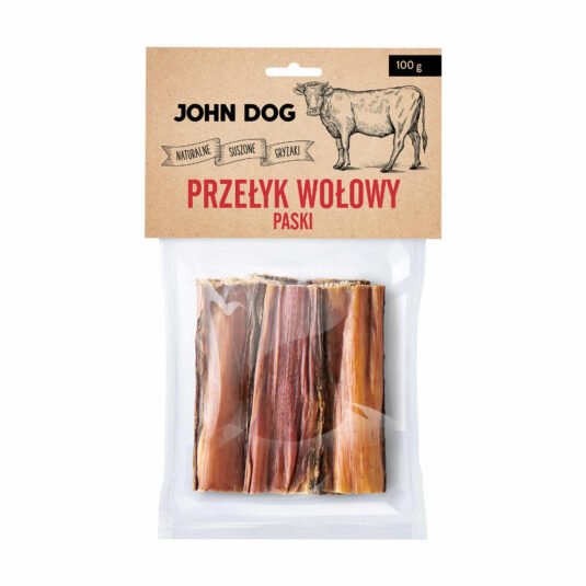 Trwały i wystarczający na długo naturalny gryzak dla psa, przełyki wołowe w formie pasków marki John Dog. Gryzak bez konserwantów i barwników.