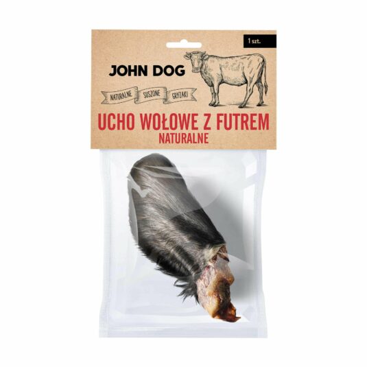 Trwały i wystarczający na długo, w 100% naturalny gryzak dla psa, ucho wołowe naturalne z sierścią marki John Dog. Gryzak bez konserwantów i barwników.