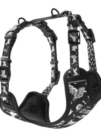 Szelki bezuciskowe guard z linii Comics marki John Dog w kolorze czarnym z białym wzorem przedstawiającym sylwetki psów, kości i inne motywy. Szelki mają regulację w 4 miejscach i 2 kółka do zapięcia.