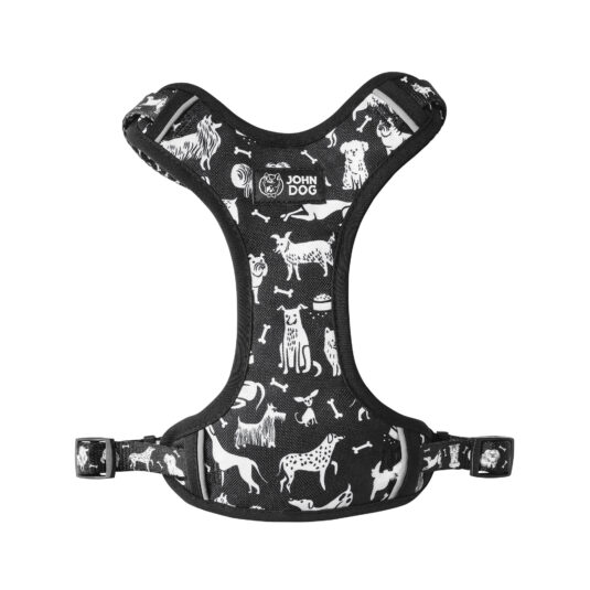 Szelki bezuciskowe guard z linii Comics marki John Dog, widoczne z przodu. Mają czarny kolor z wyraźnym białym wzorem przedstawiającym psy i motywy tematyczne.