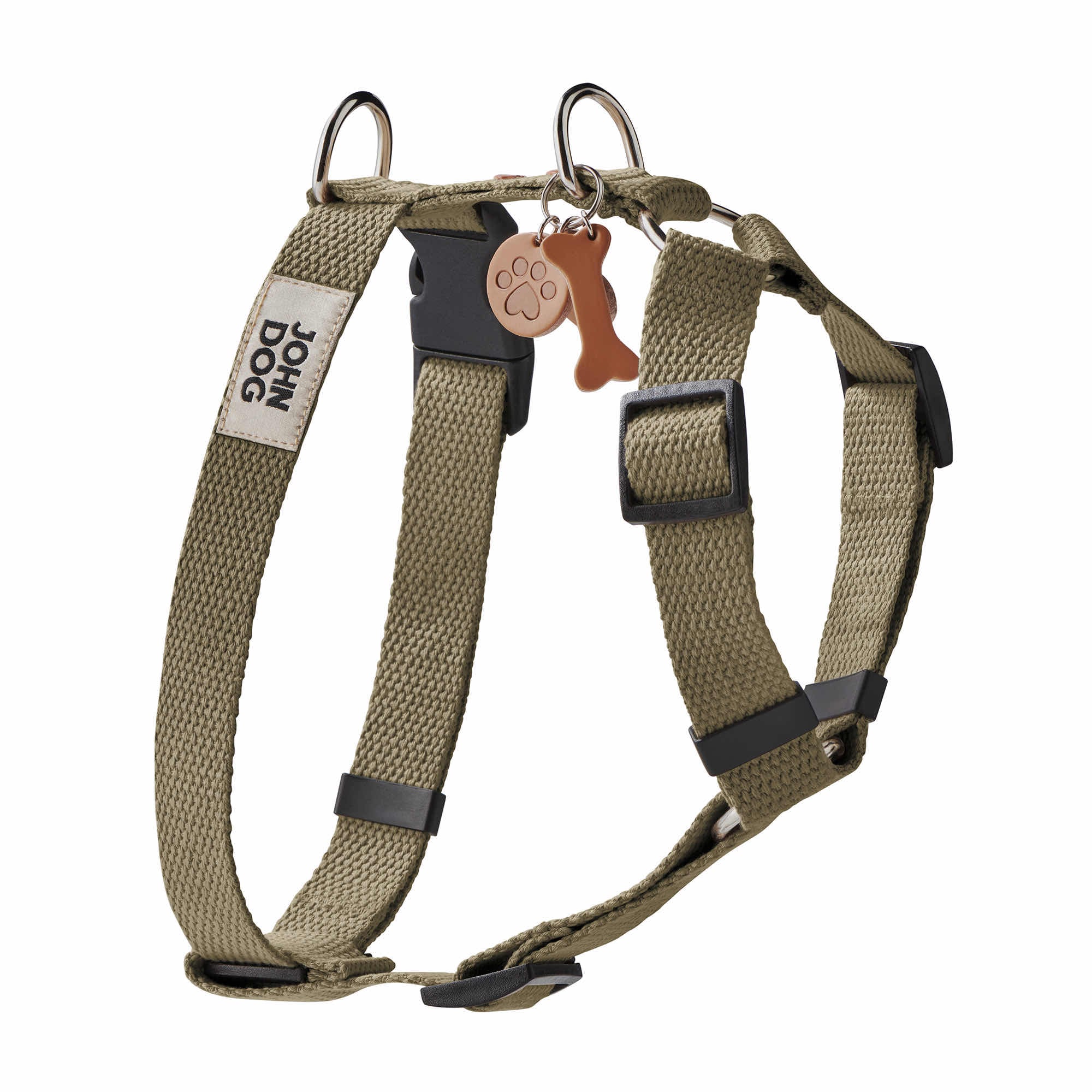 Zielone szelki guard ze skórzanym brelokiem z kosteczką, psią łapą i sercem oraz nitami w kształcie serc w kolorze brązowym. Produkt z kolekcji MANIFEST marki John Dog.