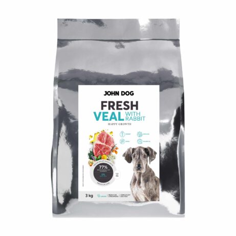 Zdjęcie worka 3 kg suchej karmy dla psów Fresh John Dog przeznaczonej dla juniorów. Na froncie znajduje się napis "FRESH VEAL WITH RABBIT" oraz zdjęcie kawałków mięsa cielęciny i królika otoczonych warzywami i ziołami. W prawym dolnym rogu umieszczono zdjęcie młodego psa.