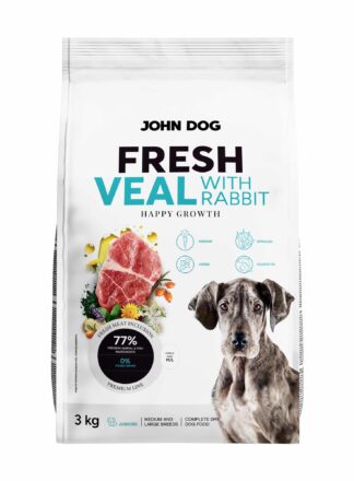 Zdjęcie białego worka 3 kg suchej karmy dla psów Fresh John Dog przeznaczonej dla juniorów. Na froncie znajduje się napis "FRESH VEAL WITH RABBIT" oraz zdjęcie kawałków mięsa cielęciny i królika otoczonych warzywami i ziołami. W prawym dolnym rogu umieszczono zdjęcie młodego psa.
