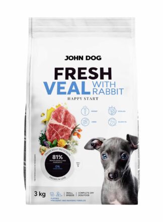 Zdjęcie białego 3 kg worka suchej karmy Fresh John Dog dla szczeniąt. Na etykiecie umieszczono napis "FRESH VEAL WITH RABBIT", a także zdjęcie kawałków mięsa cielęciny i królika w otoczeniu warzyw i ziół. W prawym dolnym rogu widnieje zdjęcie małego psa.