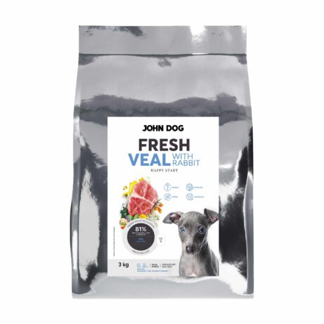 Zdjęcie 3 kg worka suchej karmy Fresh John Dog dla szczeniąt. Na etykiecie umieszczono napis "FRESH VEAL WITH RABBIT", a także zdjęcie kawałków mięsa cielęciny i królika w otoczeniu warzyw i ziół. W prawym dolnym rogu widnieje zdjęcie małego psa.