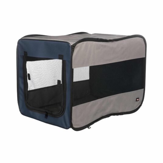 Klatka przenośnia w kolorze szaro-granatowym z czarną siateczką. Widok z przodu i boku.