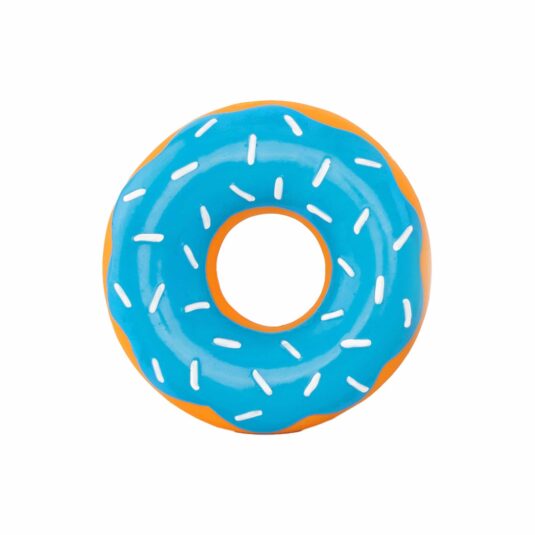 Zabawkowy donut wykonany z lateksu w niebieskim kolorze z posypką.