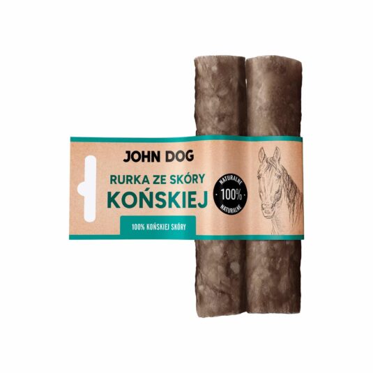 Dwie rurki do żucia dla psa, wykonane ze skóry końskiej, długość 15 cm. Produkt bez konserwantów.