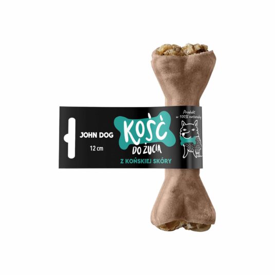 Naturalna kość do żucia dla psa, wykonana ze skóry końskiej, długość 12 cm. Produkt John Dog.