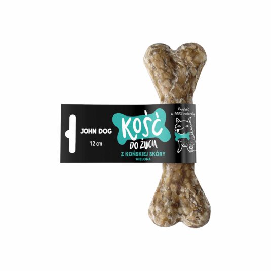 Kość do żucia dla psa, wykonana ze zmielonej skóry końskiej, długość 12 cm. Naturalna przekąska dla psów.