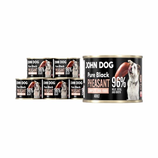 Karma mokra dla psa w puszce 200 g, zestaw sześciu sztuk. Produkt John Dog. Zawiera 96% mięsa, podrobów i rosołu z bażanta.