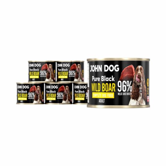 Monoproteinowa karma dla psa John Dog w wielopaku. Pure Black w puszce 200 g. Zawiera 96% mięsa i rosołu z dzika.