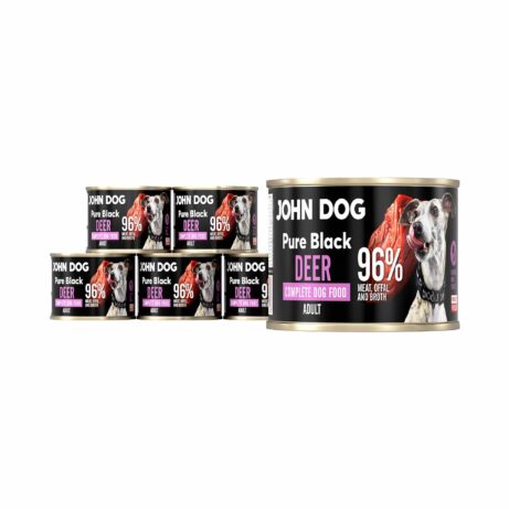Monoproteinowa karma dla psa John Dog Pure Black w puszce 200 g, pakowana po sześć sztuk. Składniki to aż 96% mięsa, podrobów i rosołu z jelenia.