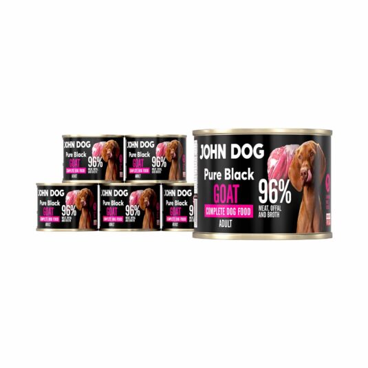John Dog Pure Black, monoproteinowa karma mokra w puszce 200 g pakowana po sześć sztuk. Zawiera aż 96% mięsa, podrobów i rosołu z koziny.