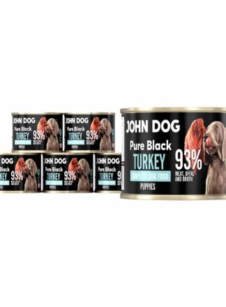 Monoproteinowa karma mokra John Dog Pure Black dla szczeniąt, 200 g. W zestawie sześć puszek. Zawartość: 93% mięsa, podrobów i rosołu z indyka.
