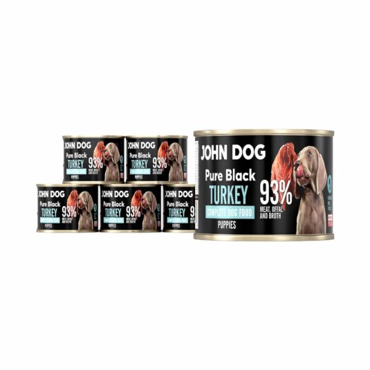 Monoproteinowa karma mokra John Dog Pure Black dla szczeniąt, 200 g. W zestawie sześć puszek. Zawartość: 93% mięsa, podrobów i rosołu z indyka.