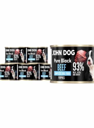 Zestaw sześciu puszek 200 g mokrej karmy John Dog Pure Black dla szczeniąt. Zawiera 93% mięsa, podrobów i rosołu z wołowiny.