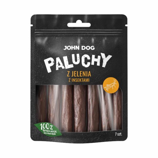 Mięsne paluchy dla psów wykonane z jelenia z dodatkiem białka owadów. Czarna, matowa torebka z przezroczystym okienkiem, które ukazuje produkt. Na opakowaniu znajduje się informacja „100% naturalnych składników” oraz pomarańczowa ikona owada.