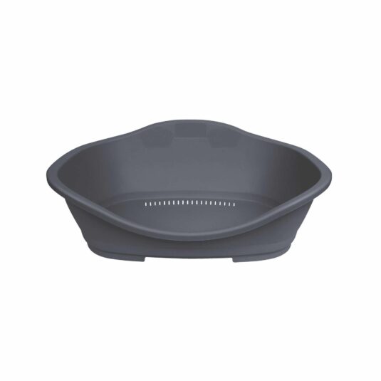 Plastikowe legowisko dla psa i kota w ciemnoszarym kolorze z widocznymi otworami wentylującymi przedstawione od przodu.