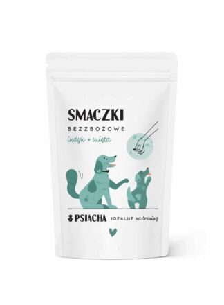 Smaczki bezzbożowe indyk + mięta. Opakowanie przysmaków 80 g. Idealne na trening. Produkt Psiacha.