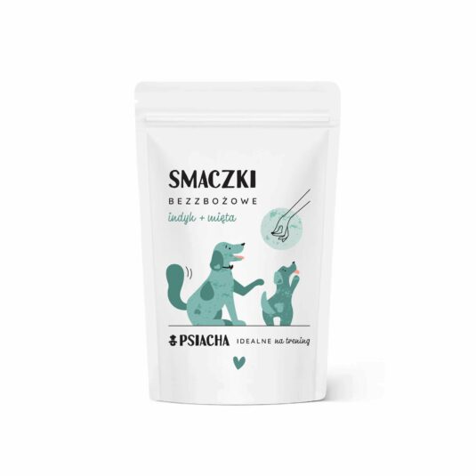 Smaczki bezzbożowe indyk + mięta. Opakowanie przysmaków 80 g. Idealne na trening. Produkt Psiacha.