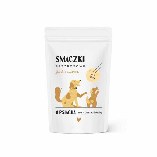 Smaczki bezzbożowe jeleń + morwa. Opakowanie przysmaków 80 g. Idealne na trening. Produkt Psiacha.