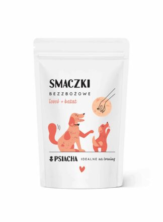 Smaczki bezzbożowe łosoś + batat. Opakowanie przysmaków 80 g. Idealne na trening. Produkt Psiacha.