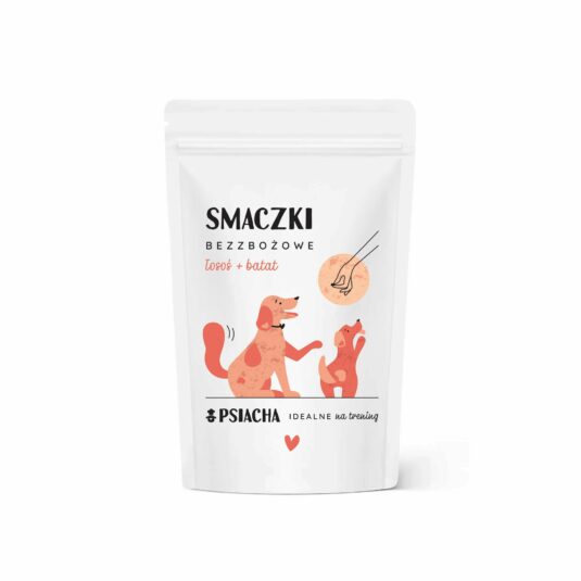 Smaczki bezzbożowe łosoś + batat. Opakowanie przysmaków 80 g. Idealne na trening. Produkt Psiacha.