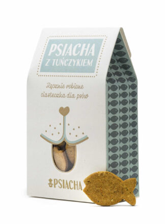 Opakowanie 100g ciastek dla psów z tuńczykiem i marchewką. Marka Psiacha. Widok od przodu.