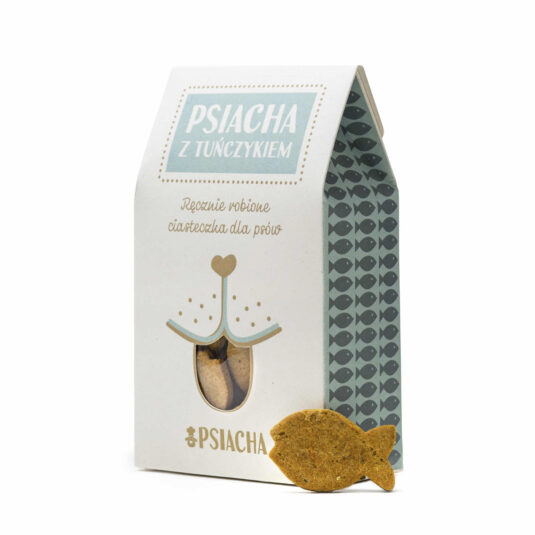 Opakowanie 100g ciastek dla psów z tuńczykiem i marchewką. Marka Psiacha. Widok od przodu.