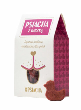 Opakowanie 100g ciastek dla psów z kaczką i burakiem. Marka Psiacha. Widok od przodu.