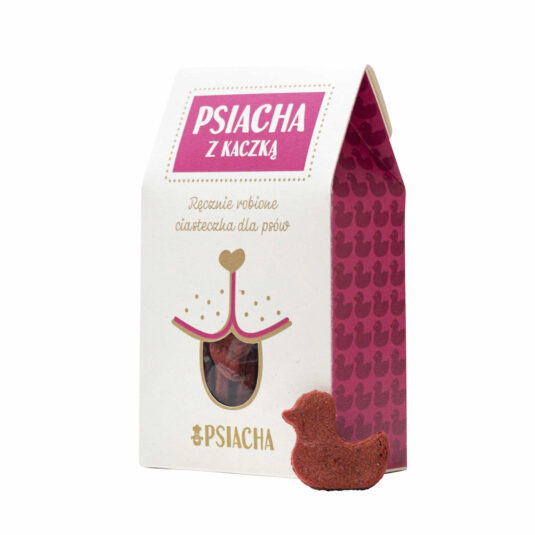 Opakowanie 100g ciastek dla psów z kaczką i burakiem. Marka Psiacha. Widok od przodu.
