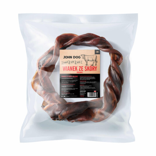 Gryzak dla psa, wykonany z suszonej skóry wołowej. Naturalna przekąska dla psów w rozmiarze M.