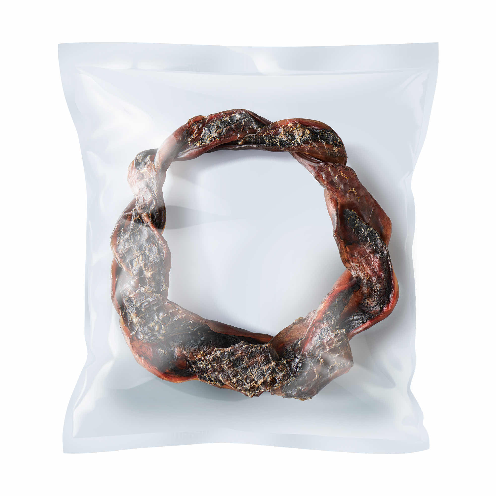 Opakowanie z tyłu, wianek wołowy dla psa ze skóry wołowej. Informacje o składzie i przeznaczeniu znajduje się na przodzie.