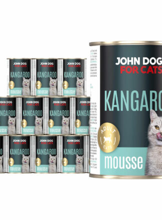Zestaw dwunastu puszek po 400 g dla kotów dorosłych. Mokra karma dla kota John Dog for Cats, mus z kangura.