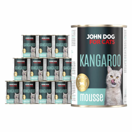 Zestaw dwunastu puszek po 400 g dla kotów dorosłych. Mokra karma dla kota John Dog for Cats, mus z kangura.
