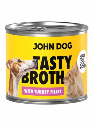 Puszka mokrej karmy John Dog Tasty Broth z indykiem dla psów i kotów. Na etykiecie żółte tło, pies oraz kot.